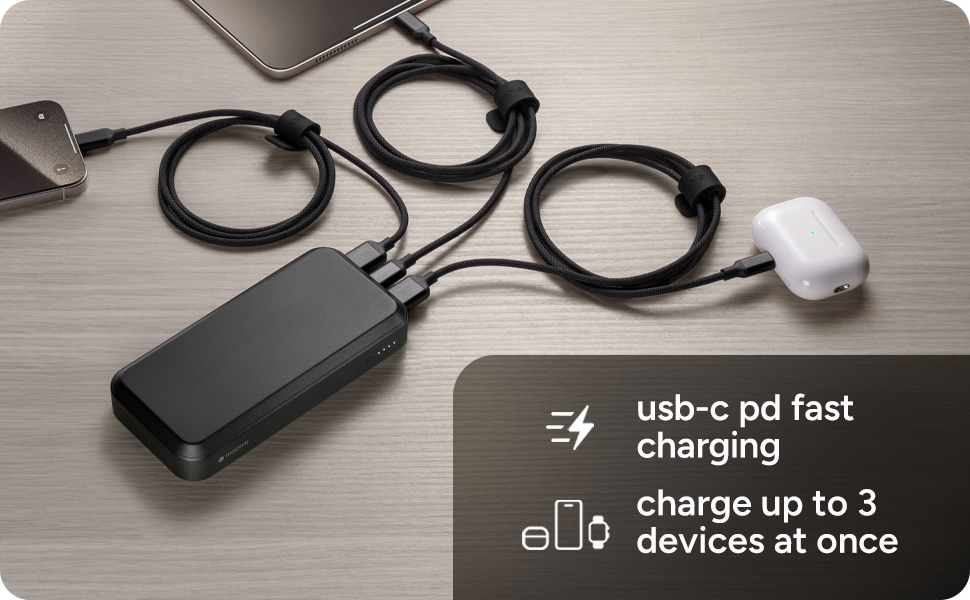 portable power, portable charger, charge three devices at once, usb c pd fast charging