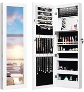 Giantex LED Jewelry Cabinet Wall Mounted Door Hanging, Lockable Jewelry Armoire with 47.2'' Full ...