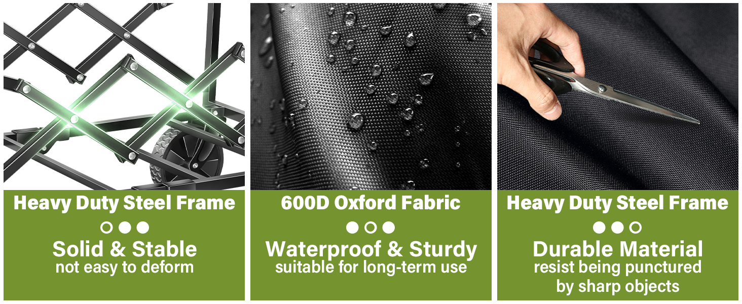 a heavy-duty steel frame and waterproof, puncture-resistant 600D Oxford fabric for durability