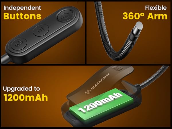 independent buttons, flexible 360° arm, 1200 mAh