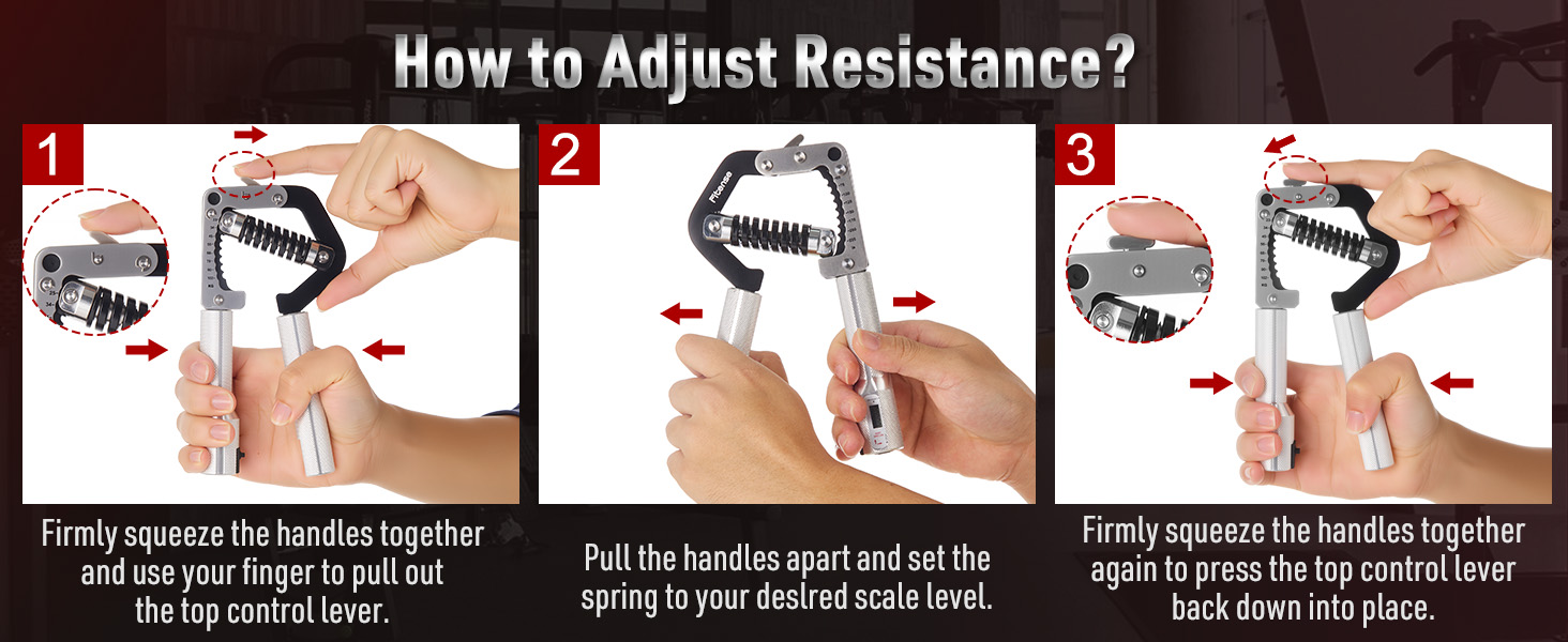 Text reads 'How to Adjust Resistance?' Instructional diagram showing numbered steps 1-3 demonstrating hand positions for adjusting exercise equipment handles.
