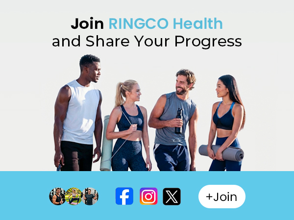 Four fitness enthusiasts chat, sharing workout progress via Ringco Health.