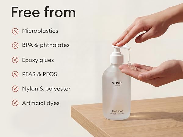Text reads 'Free from Microplastics, BPA &amp; phthalates, PFAS &amp; PFOS, Nylon &amp; polyester, Artificial dyes'. Product demonstration with hands holding white container.