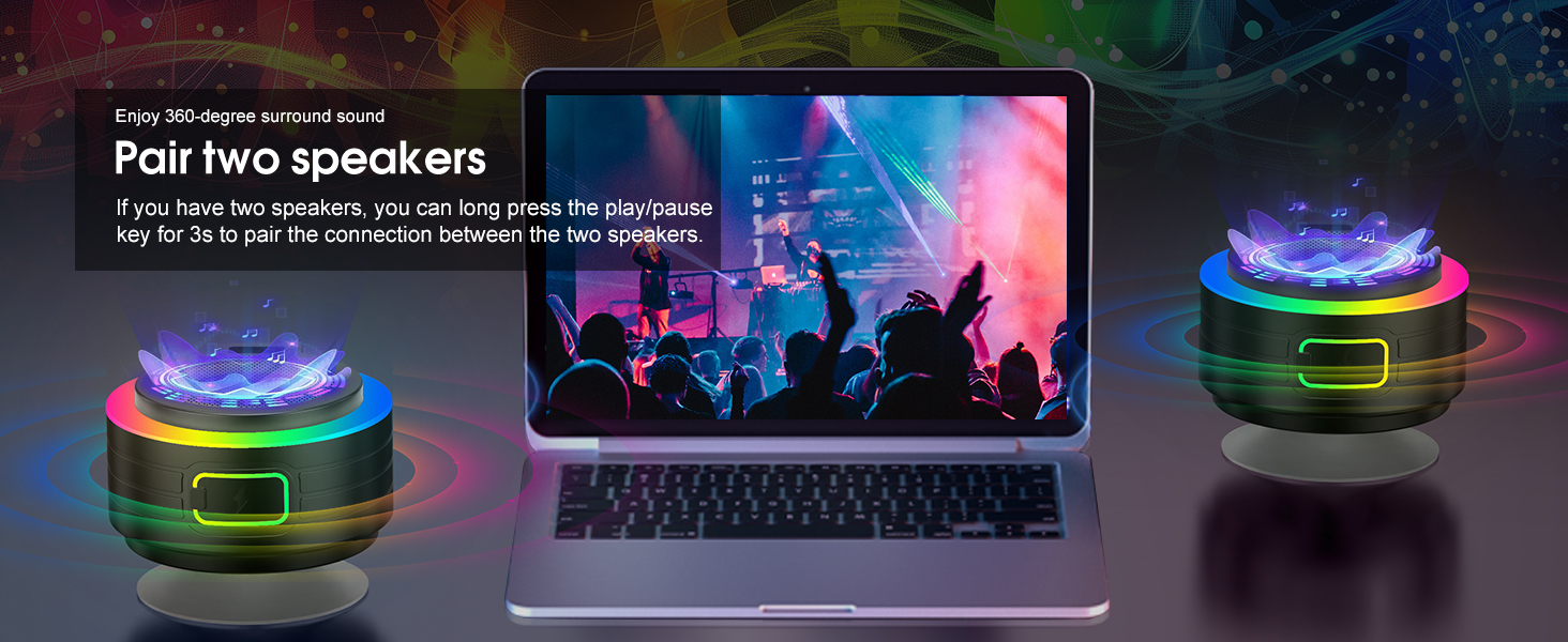 Text reads 'Pair two speakers'. Multiple views of glowing smart speakers with LED light rings in dark setting with colorful ambient lighting effects.