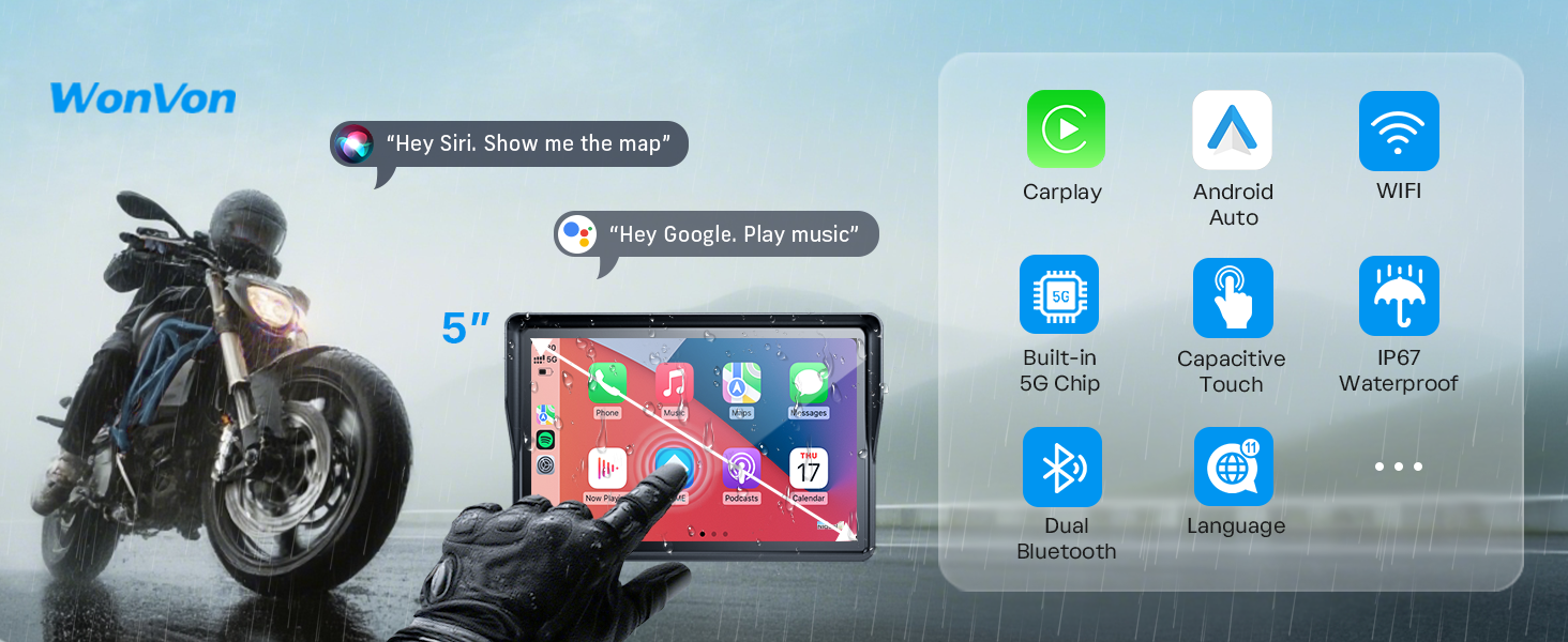 Text reads 'WonVon'. Mobile app interface demonstration showing smartphone integration with various app icons and connectivity options displayed.