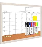 Monthly Whiteboard Calendar &amp; Corkboard for Wall, Magnetic 17"x13" Dry Erase Board with White Woo...
