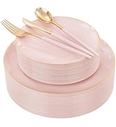 DaYammi 150Pcs Pink and Gold Plastic Plates Heavy Duty Gold Rimmed Plates Pink Plastic Disposable...