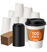 METAPRINT 100 Pack 12 oz Disposable Coffee Cups with Lids and Sleeves, Paper Coffee Cups for Hot/...
