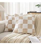 Ohocut Checkered Jacquard Shag Throw Pillow Covers, Pack of 2 Fluffy Beige Sand Cute Decorative B...