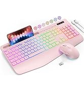 Wireless Keyboard and Mouse Combo, 9 Backlit Effects, Wrist Rest, Phone Holder, 2.4G Lag-Free Erg...