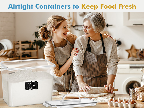 flour storage container, sugar container with lid, airtight storage container, pantry