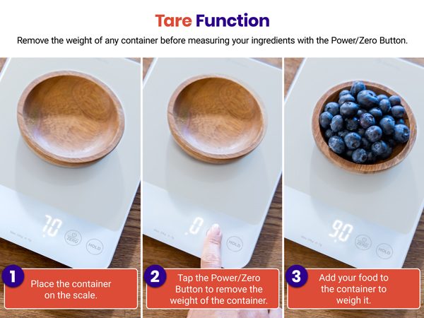 Press tare button to zero out container weight before measure food to get precise result