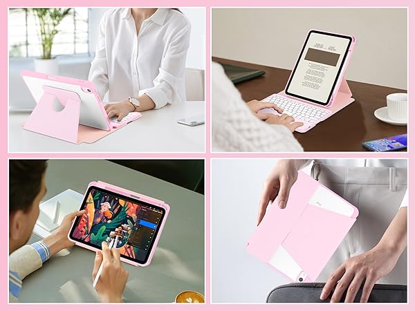 iPad 10th Gen Rotating Keyboard Case - Pink-7-1