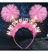 Uranian Light Up Happy Birthday Headbands Led Glitter Pompom Hairbands Glow Birthday Party Hair A...