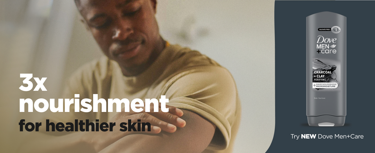 Headline talking about 3x nourishment for healthier skin, next to the product &amp; a man applying it.