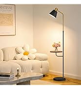 Black Floor Lamp with Walnut Side Table for Living Room Bedroom, Modern Standing Lamp 12W LED 3-C...