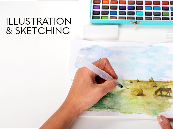 Professional Paint Brush, Water Brush Pen, Mixing Palette, 50 Half-Pan Watercolors, Travel case