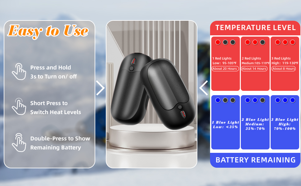 The 3-level indicator light keeps you informed of the remaining battery power and heating status.