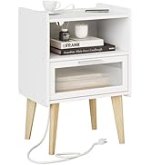 MMEOLUOOK Nightstand with Charging Station, Bedside Tables with Glass Decorative Door, End Table ...