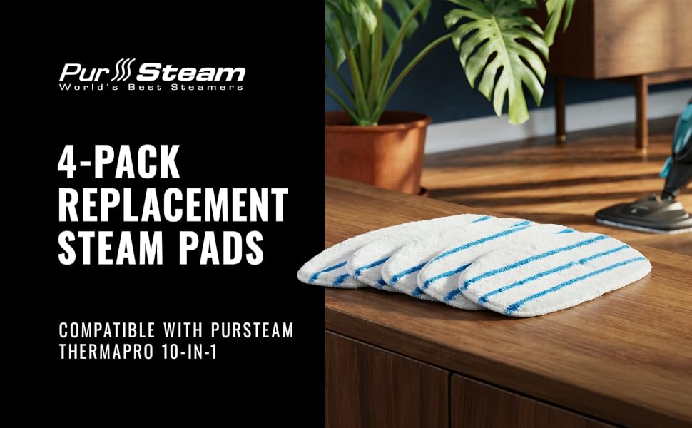 Text reads '4-PACK STEAM PADS' and 'REPLACEMENT STEAM PADS' with 'Compatible with PurSteam' branding. Product shown in lifestyle setting with plants.