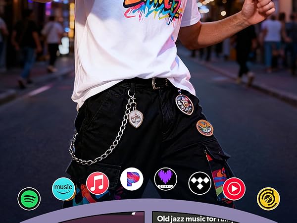Close-up of a person dancing in the street with streaming app icons like Spotify, Music.