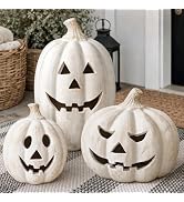 Fall Decor - Halloween Decorations - 7.5"H White Handmade Terracotta Pumpkin Jack O' Lantern with...