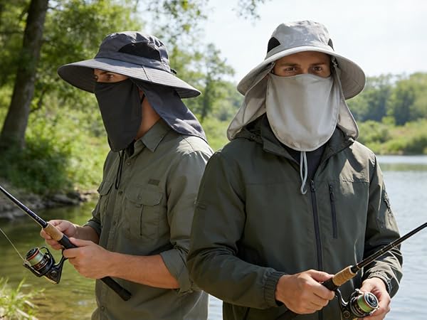 Fishing duo with sun hats: gray &amp;amp; light gray. Lake/woods, rods. UV-protective summer hats.