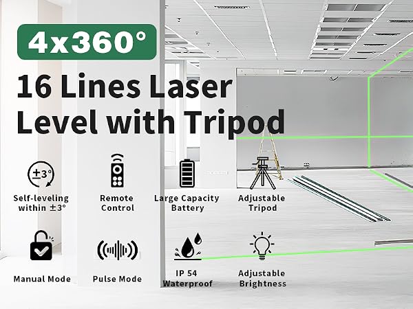16 Line Laser Level 360 Self Leveling, 4x360°Professional 4D Cross Line Green Laser Level