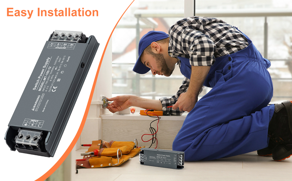 Black electronic LED dimming controller device being installed, with inset product photo showing terminal connections and technical specifications.