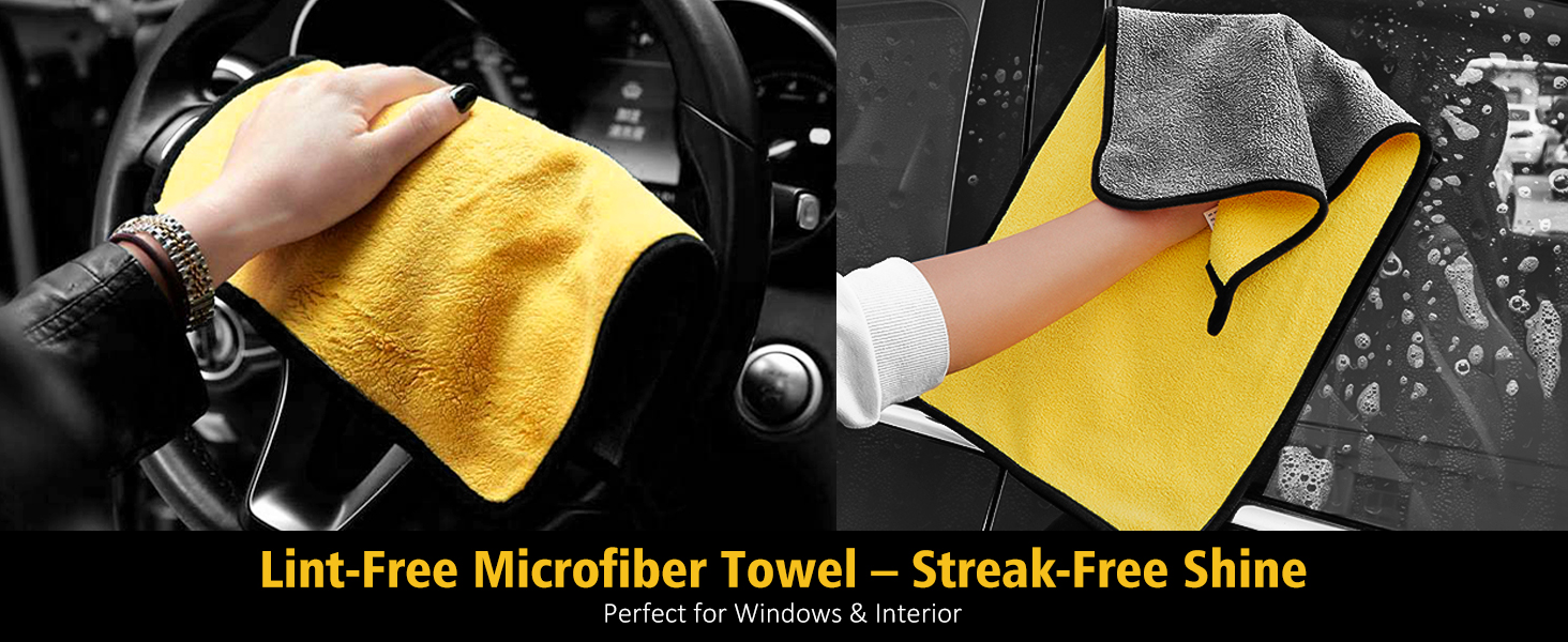 Yellow microfiber towel demonstrated on car surfaces. Left panel shows use on steering wheel, right panel on car exterior. Product advertised for lint-free, streak-free cleaning of windows and interior.