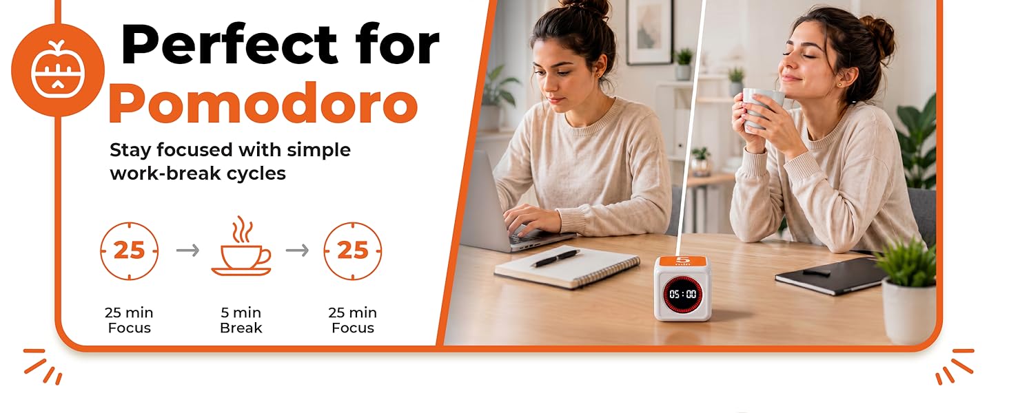 Visual countdown timer for Pomodoro focus sessions time management, and structured work-break cycles