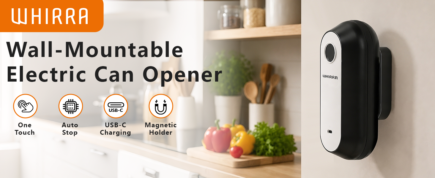WHIRRA Electric can opener, featuring automatic hands-free operation for effortless can opening.