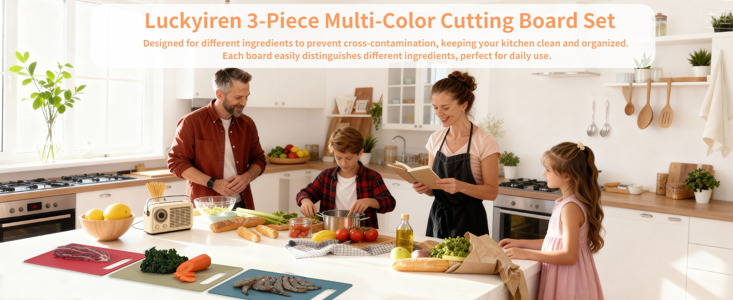 3-piece multi-color plastic cutting board, designed to prevent cross-contamination in the kitchen