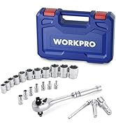 WORKPRO 22-Piece Socket Set with 3-in-1 Ratchet Handle, 1/4, 3/8, 1/2 Inch Drive Socket Wrench, C...