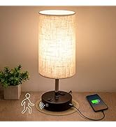 lifeholder Motion Sensor Lamp, USB Lamp Include Warm White Bulb, Fabric Shade Lamp Built in USB P...