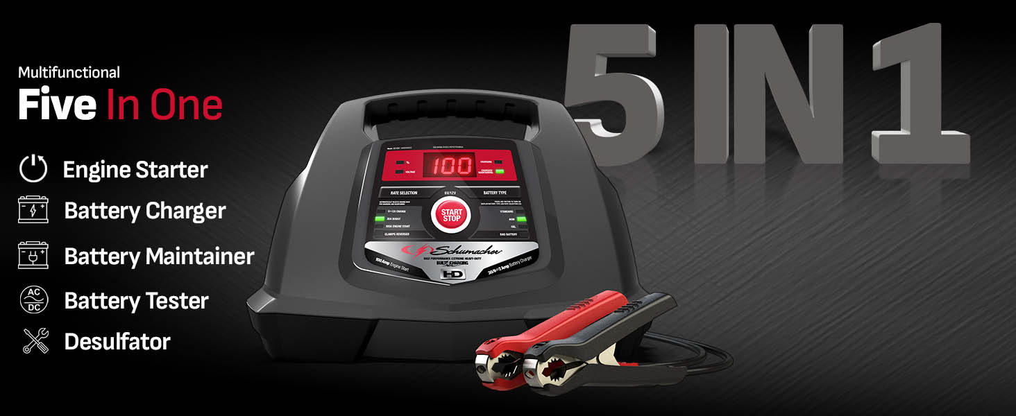 5 functions in 1 Device: Engine starter, car battery charger, maintainer, tester, and desulfator.