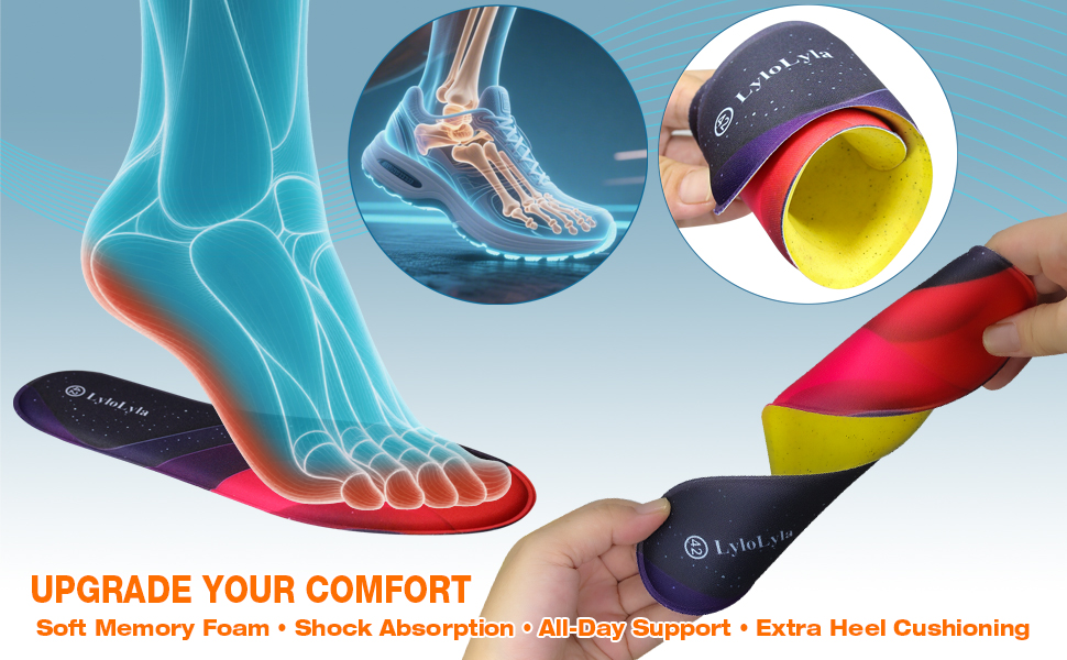 Text reads: 'UPGRADE YOUR COMFORT' 'Soft Memory Foam • Shock Absorption • All-Day Support • Extra Heel Cushioning'. Composite image showing orthopedic insole features with blue foot x-ray overlay demonstrating impact absorption.