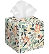 BLYKVGHQ Boho Leaves Tissue Box Cover Square, Tissue Box Holder with Bottom Belt Leather Facial P...