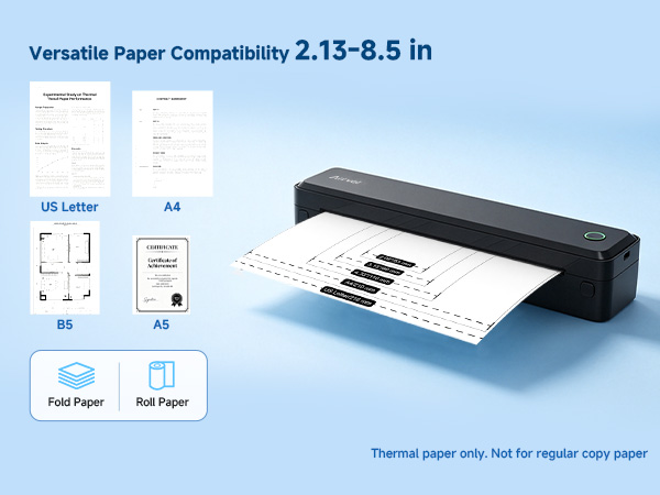 Inkless portable printer supports 2.13 to 8.5 inch thermal paper ( US Letter/ A4/ A5/ B5)