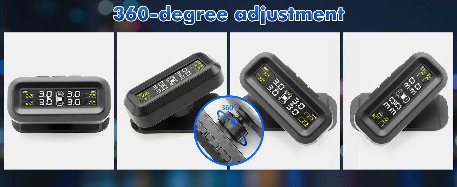 Digital tire pressure monitor in various positions. Device displays pressure and temperature readings for four tires. Features 360-degree adjustable display for easy viewing from different angles.