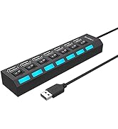 Multi Port Splitter, 7 Port USB 2.0 Hub, USB A Port Data Hub with Independent On/Off Switch and L...