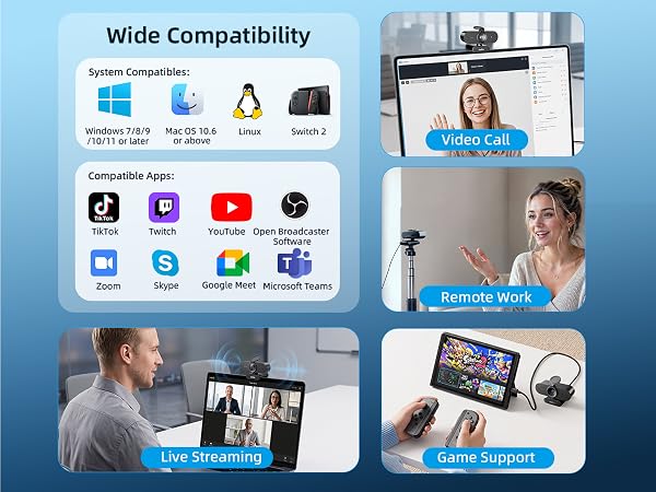 Text reads "Wide Compatibility" with icons showing compatible platforms including Windows, Mac, Linux, Android, iOS, and various application logos. Composite image showing video conferencing setup with person on screen, multiple devices displaying video calls, and professional communication scenarios.