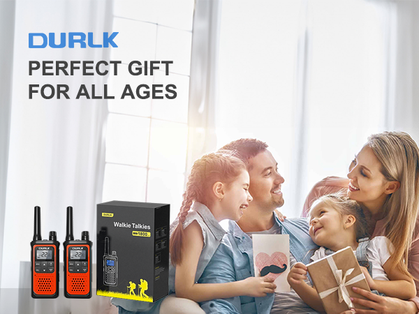 A family of four with smiles on their faces received a gift of DURLK 2 pack walkie talkies all ages