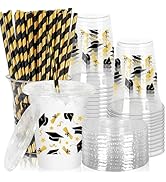 JarThenaAMCS 50 Pcs Graduation Plastic Cups with Lids and Straws Gold Black Grad Cap Diploma Clea...