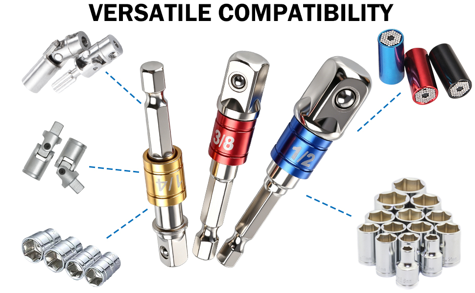 3-Piece Impact Grade Socket Adapter/Extension Set Turns Power Drill Into High Speed Nut Driver