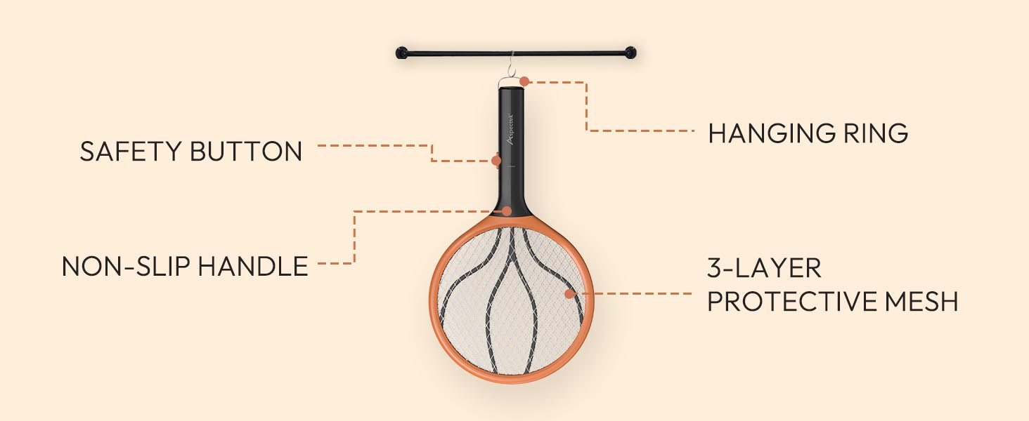 Safety Button, Hanging Ring, Non-slip handle, protective mesh, electric fly swatter