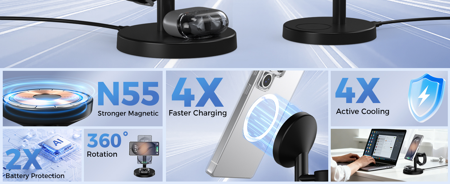 Magnetic Wireless Charger for Samsung, 3 in 1 Charging Station Compatible with Samsung Galaxy