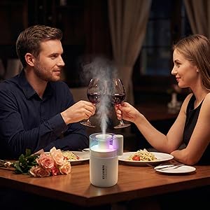 Romantic dinner lit by a humidifier&amp;amp;#39;s warm glow and calming aromatherapy mist