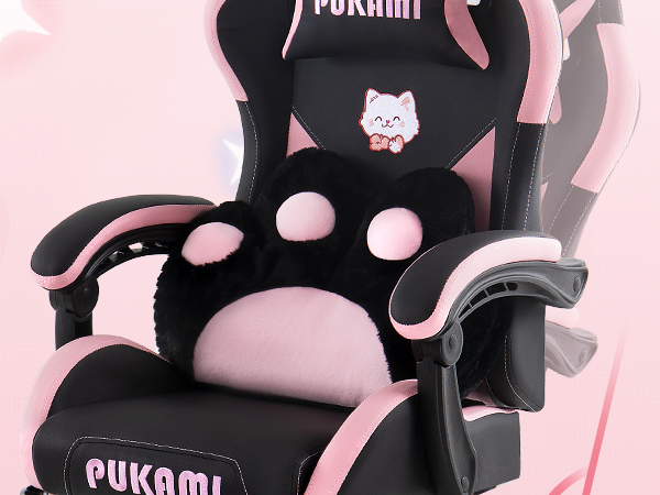 Gaming Chair with Cat Ears and Cat Paw Lumbar Cushion, Cute Ergonomic Gaming Computer Desk Chair