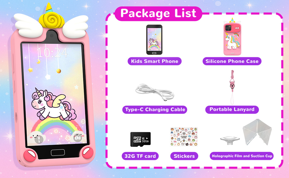 touchscreen kids toy phone with 1 Phone Case,1 Type-C Cablel,32GB Card,3-12 years old girl gifts